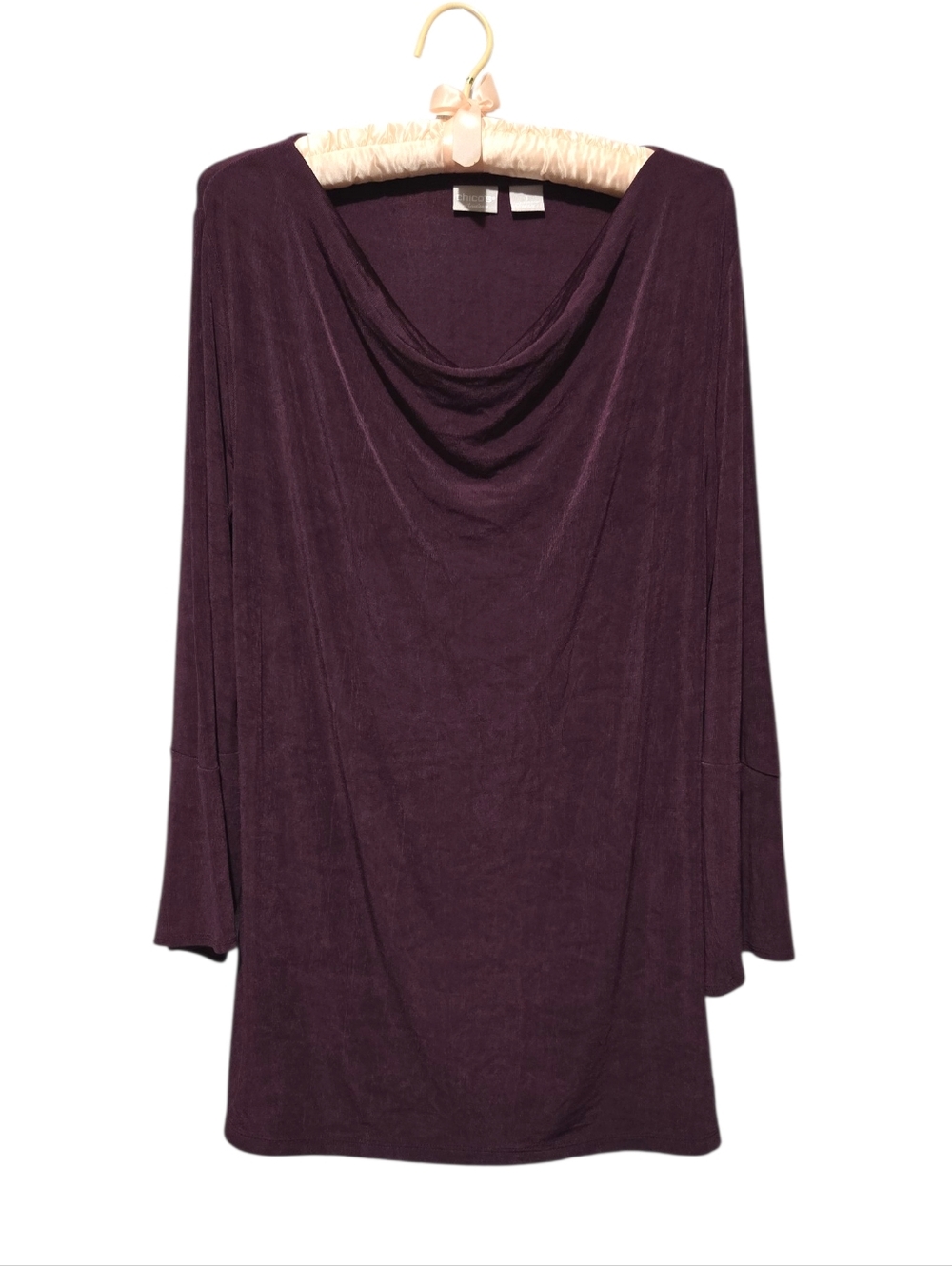 Chico's Travelers Deep Plum 3/4 Bell Sleeve Draped Cowl Neck Tunic Top Size 8/10